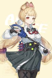  1girl alice_thymefield animal_ears black_gloves black_pantyhose blonde_hair braid character_name closed_mouth collared_shirt ear-to-ear fingerless_gloves gloves green_skirt hair_ornament highres holding holding_weapon long_hair long_sleeves looking_at_viewer low_twintails pantyhose rabbit_ears rabbit_girl red_eyes shirt simple_background skirt smile solo standing suwa_(swk_kkk) twintails weapon white_shirt yellow_background yellow_eyes zenless_zone_zero 