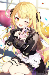  1girl absurdres apron balloon black_dress black_nails blonde_hair cellphone dress heart heart_balloon heart_hands highres hoshikawa_sara indoors long_hair nijisanji one_eye_closed open_mouth orange_eyes phone smartphone smile solo thigh_strap tokunaki_nozomu two_side_up virtual_youtuber white_apron window 