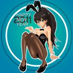  animal_ears argon bad_id black_hair blue_eyes brown_pantyhose bunny_ears bunnysuit ganaha_hibiki idolmaster long_hair new_year pantyhose ponytail 