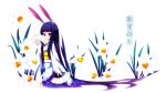  akino_sora animal_ears black_hair blue_hair fan flower flowers japanese_clothes kimono long_hair original purple_hair red_eyes 
