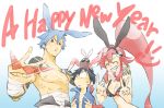  adafada animal_ears bad_id bikini_top black_hair blue_hair boota bunny_ears kamina kamina_shades new_year red_eyes red_hair redhead sarashi shirtless simon tatto tattoo tengen_toppa_gurren-lagann tengen_toppa_gurren_lagann yoko_littner 