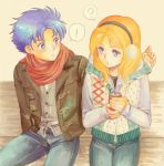  1boy 1girl ? amn0w0 blue_eyes blue_hair can cardigan casual cecily_fairchild couple earmuffs gundam gundam_f91 hoodie jacket jeans orange_hair scarf seabook_arno sitting vest 