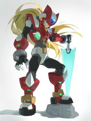  1boy absurdres armor blonde_hair energy_sword forehead_jewel full_body helmet highres holding holding_sword holding_weapon male_focus mega_man_(series) mega_man_x_(series) omochi_(mochi_skymega) red_armor red_helmet simple_background solo sword weapon white_background z_saber zero_(mega_man) 