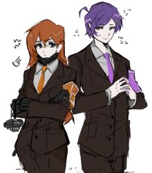  1boy 1girl ahoge armband black_gloves black_jacket black_pants blue_eyes brown_hair collared_shirt crossed_arms gloves hair_ornament hairclip hod_(project_moon) jacket lobotomy_corporation long_hair long_sleeves looking_at_viewer molybdaenu63133 necktie orange_armband orange_necktie pants personality_switch project_moon purple_armband purple_hair purple_necktie shirt short_hair simple_background standing upper_body white_shirt yellow_eyes yesod_(project_moon) 