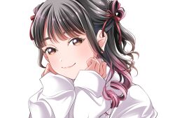  1girl black_hair brown_eyes closed_mouth commentary_request hands_up highres long_sleeves looking_at_viewer multicolored_hair nico_ron_nico real_life ribbon shirt simple_background smile solo two-tone_hair upper_body white_background white_shirt yabushima_akane 