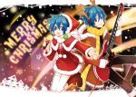  blue_hair christmas earmuffs genderswap guitar horns instrument kaiko kaito microphone santa_costume scarf short_hair singing smile striped striped_scarf thighhighs verus vocaloid 