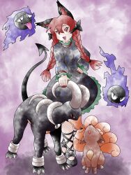  1girl animal_ears black_bow black_dress bow braid cat_ears cat_girl dress full_body gastly greatmothsucks hair_bow highres houndoom kaenbyou_rin looking_at_viewer nekomata pokemon pokemon_(creature) red_eyes red_nails side_braids sugimori_ken_(style) touhou twin_braids vulpix 