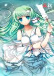  bare_shoulders blue_eyes bracelet breasts detached_sleeves frog green_hair hair_ornament heco heco_(mama) japanese_clothes jewelry kochiya_sanae long_hair lying miko on_back red_string snake solo string touhou 