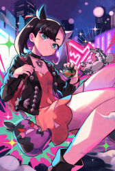  1girl absurdres asymmetrical_bangs backpack bag black_choker black_hair black_jacket black_nails boots choker dress dusk_ball earrings galarian_zigzagoon green_eyes hair_ribbon highres jacket jewelry marnie_(pokemon) medium_hair morpeko morpeko_(hangry) nail_polish obstagoon open_clothes open_jacket pink_dress poke_ball pokemon pokemon_swsh rainys_bill ribbon thighs twintails 