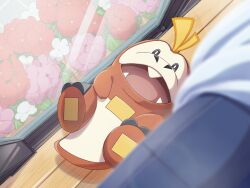  fangs floor flower fuecoco happy highres hos16g indoors lying no_humans on_back open_mouth pokemon pokemon_(creature) pokemon_focus pokemon_sleep smile teeth window wooden_floor 