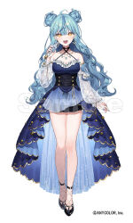  1girl :d ahoge aqua_hair beni_(bn12x20) black_bow black_shoes blue_dress blue_hair blue_nails blush bow breasts buttons commentary_request company_name copyright_notice crescent crescent_earrings criss-cross_halter detached_sleeves double_bun dress earrings eyeliner fingernails frilled_sleeves frills gold_necklace gold_trim hair_between_eyes hair_bow hair_bun halter_dress halterneck hand_up high-low_dress high_heels holding holding_microphone jewelry long_hair long_sleeves looking_at_viewer makeup medium_breasts microphone multicolored_hair nail_polish necklace nijisanji official_alternate_costume official_art open_mouth puffy_long_sleeves puffy_sleeves red_eyeliner sample_watermark see-through_clothes see-through_sleeves shoes simple_background sleeveless sleeveless_dress smile solo streaked_hair tamanoi_nana two_side_up virtual_youtuber watermark wavy_hair white_background yellow_eyes 