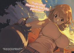  1boy 1girl aiming_at_another belt belt_bow breasts brown_eyes brown_hair frilled_sleeves frills from_behind gamon_yuuta hair_ornament hairclip heart heart_hair_ornament holding_ray_gun huge_breasts impossible_clothes narusawa_ryouka non-web_source occultic;nine official_art pako_(pakosun) pink_shirt science_adventure shirt short_hair short_shorts shorts sleeveless sleeveless_shirt striped_belt 