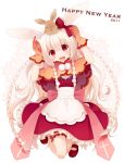  :d albino animal_ears apron bow braid breasts bunny bunny_ears capelet cleavage gloves hair_bow kneeling koto_(colorcube) lolita_fashion long_hair looking_up new_year open_mouth original quad_braids rabbit red_eyes smile solo very_long_hair white_hair 