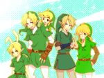  5boys black_eyes blonde_hair blue_eyes bunny_ears crossed_arms earrings gloves hat jewelry link male multiple_persona nintendo ocarina_of_time pointy_ears smile the_legend_of_zelda twilight_princess v wind_waker 