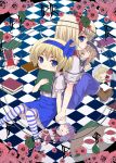  alice_margatroid alice_margatroid_(pc-98) back-to-back blonde_hair blue_eyes book boots capelet character_doll checkered checkered_background cup dual_persona flower hakurei_reimu kirisame_marisa maid multiple_girls pink_rose rose saucer shinki skirt striped striped_legwear striped_thighhighs suspenders teacup thighhighs time_paradox touhou touhou_(pc-98) urara_(ckt) yumeko 