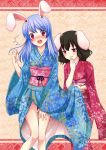  2girls alternate_hair_color animal_ears bare_legs blue_hair blush brown_hair bunny_ears clenched_hand floral_print grin hand_over_mouth inaba_tewi japanese_clothes kimono kimono_lift multiple_girls obi pink_eyes red_eyes reisen_udongein_inaba smile smirk tottoto_tomekichi touhou yukata 