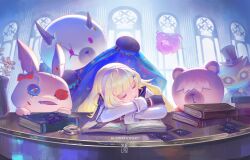  1girl artist_logo artist_name black_gloves blanket blonde_hair book book_stack bunnyhopart card closed_eyes closed_mouth gloves hair_ornament hairband holding holding_blanket logo long_hair open_book phoebe_(wuthering_waves) shirt sleeping sleeping_on_desk solo star_(symbol) star_print white_hairband white_shirt wuthering_waves x_hair_ornament yuelycia 