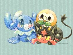 :3 animal_focus black_eyes blue_background bright_pupils colored_pencil_(medium) full_body highres litten no_humans non_(kumakawayusu) pokemon pokemon_(creature) popplio rowlet smile starter_pokemon_trio striped_background traditional_media white_pupils yellow_eyes 