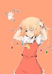  :t ascot disembodied_limb flandre_scarlet looking_up meracle no_hat no_headwear orange_(color) simple_background solo the_embodiment_of_scarlet_devil touhou wince wings wink 