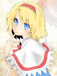 1girl alice_margatroid blonde_hair blue_eyes capelet colored doily face finger_to_mouth fingernails hairband hands jpeg_artifacts long_fingernails nail nails portrait solo touhou yoshi-toki 
