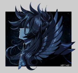  1boy androgynous armor bishounen black_armor black_hair blue_eyes from_side glint hades_(saint_seiya) kinako_(462) long_hair looking_up male_focus metal_wings portrait profile saint_seiya spiky_hair 