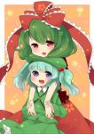  absurdres aqua_hair blue_eyes blue_hair green_hair hair_bobbles hair_ornament hat highres holding_hands hug hug_from_behind kagiyama_hina kawashiro_nitori key mikan_(ama_no_hakoniwa) multiple_girls open_mouth red_eyes ribbon smile touhou twintails 