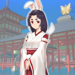  1girl animal_ears black_hair cowboy_shot hair_intakes hakama hands_on_own_stomach hikimayu holding_own_hand japanese_clothes kimono long_hair looking_at_viewer low-tied_long_hair miko non-web_source official_art rabbit_ears red_eyes red_hakama rin_(rune_factory) rune_factory rune_factory:_guardians_of_azuma shrine stone_lantern water wide_sleeves 