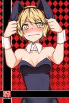  animal_ears blonde_hair blue_eyes blush bunny_ears bunnysuit ear_grab hirase_yuu short_hair slit_pupils solo tears toramaru_shou touhou wing_collar wrist_cuffs yellow_eyes 