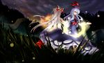  back-to-back closed_eyes dress dutch_angle fire from_behind fujiwara_no_mokou grass hair_ribbon hat kamishirasawa_keine letterboxed multiple_girls night ribbon scroll serious short_sleeves sky standing touhou yetworldview_kaze 