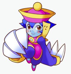  1girl blue_hair blue_skin brown_eyes chibi china_dress chinese_clothes claw_(weapon) claws colored_skin darkstalkers dress game_cg hat highres hsien-ko jiangshi knee_up looking_at_viewer maeda_shima mei-ling_(darkstalkers) non-web_source official_art ofuda pink_shoes pocket_fighter qingdai_guanmao shoes simple_background smile solo weapon white_background 