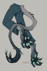  1boy animal_feet body_fur claws fur-tipped_tail furry furry_male grey_background grey_fur highres lower_body male_focus original pants shuini_xiaomao simple_background solo tail 