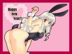  animal_ears ass bare_legs bare_shoulders breasts bunny_ears bunny_tail bunnysuit drill_hair heart highres large_breasts leaning_forward legs lips long_hair looking_at_viewer looking_back new_year original red_eyes simple_background solo tail tareme thighs white_hair wrist_cuffs 