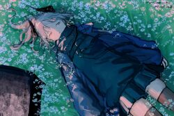  1girl arknights arms_at_sides belt black_belt black_horns black_scarf black_skirt black_sweater black_thighhighs blue_jacket dated demon_horns dutch_angle expressionless from_above grey_hair half-closed_eyes hashtag-only_commentary highres horns jacket liskarm_(arknights) long_hair long_sleeves looking_at_viewer lying miniskirt on_back on_grass pppmepl scarf signature skirt solo sweater thigh-highs wispy_bangs yellow_eyes zettai_ryouiki 