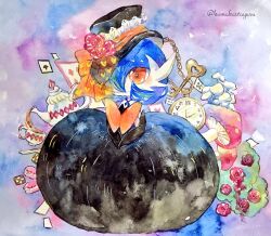  1girl ace_(playing_card) ace_of_spades alice&#039;s_adventures_in_wonderland alternate_color black_hat bow card checkerboard_cookie cookie food gardevoir hat highres key macaron mega_gardevoir mushroom non_(kumakawayusu) orange_bow orange_eyes painting_(medium) playing_card pocket_watch pokemon pokemon_(creature) rose_bush see-through_bow shiny_pokemon solo spade_(shape) teapot traditional_media watch watercolor_(medium) 