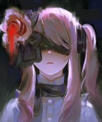  1other absurdres akiyama_mizuki black_background black_ribbon blindfold commentary_request facing_viewer flower hair_flower hair_ornament hair_ribbon highres keikyoku_no_machi_wa_doko_e_(project_sekai) long_hair other_focus pink_hair project_sekai ribbon rose side_ponytail solo upper_body yuhel 