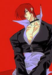  1boy light_skinned_male m.u.g.e.n male male_only muscular_male red_background red_eyes red_hair solo taito yagami_iori 