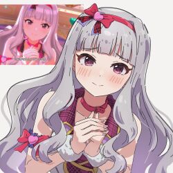 1girl blush bow check_my_note_(idolmaster) closed_mouth collar fur_wrist_cuffs game_screenshot_inset grey_hair hair_bow hairband hands_up highres idolmaster idolmaster_(classic) idolmaster_shiny_colors idolmaster_shiny_colors_song_for_prism long_hair looking_at_viewer own_hands_together pink_collar pippo_(pippo314) plaid_clothes shijou_takane simple_background sleeveless smile solo violet_eyes white_background wrist_cuffs 
