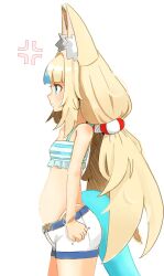  1girl absurdres anger_vein animal_ear_fluff animal_ears bikini blonde_hair blue_bikini blue_hair blue_trim blunt_bangs cat_ears cowboy_shot drawfag frilled_bikini frills highleg highleg_bikini highres indie_virtual_youtuber lifebuoy lifebuoy_hair_ornament long_hair low_twintails multicolored_hair sameko_saba short_shorts shorts solo streaked_hair striped_bikini striped_clothes swim_ring swimsuit twintails very_long_hair white_background white_shorts 