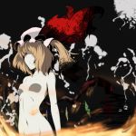  blonde_hair blood bloodstain bust fire flandre_scarlet hair_over_one_eye hat highres meracle mound_of_venus navel no_nipples nude red_eyes shaded_face side_ponytail slender_waist smile smirk solo the_embodiment_of_scarlet_devil touhou wings 