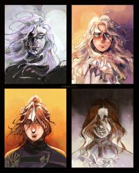  4girls alicia_(clair_obscur:_expedition_33) artist_name black_border blue_eyes border brown_hair clair_obscur:_expedition_33 closed_eyes eaissilyysack highres long_hair looking_at_viewer maelle_(clair_obscur:_expedition_33) multiple_girls multiple_persona portrait scar scar_on_face signature straight-on tears white_hair 