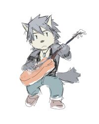  1boy animal_ears armband black_tank_top chibi closed_mouth dog_boy dog_ears dog_tags dog_tail furry furry_male grey_fur grey_hair guitar holding holding_guitar holding_instrument instrument jewelry kouya_aotsuki looking_at_object male_focus morenatsu nantianzhu123 necklace tail tank_top white_background wristband 