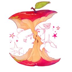  1boy 1girl apple closed_mouth dixie_cup_hat eye_contact flower food food_focus fruit grechca hair_bobbles hair_flower hair_ornament hashtag-only_commentary hat higashikata_josuke_(jojolion) highres hirose_yasuho jojo_no_kimyou_na_bouken jojolion leaf long_hair looking_at_another military_hat open_mouth profile sailor_hat short_hair smile star_(symbol) twintails white_background 