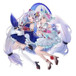  2girls animal_ears ankle_lace-up arcaea asymmetrical_legwear bare_shoulders black_shoes blue_choker blue_dress blue_hair blush bow brown_shoes choker collarbone constellation constellation_print detached_sleeves double_bun dress fingernails flower frilled_socks frilled_thigh_strap frilled_thighhighs frills hair_bow hair_bun hair_flower hair_ornament hibiscus highres holding holding_umbrella japanese_clothes kamatoyu long_hair looking_at_viewer multicolored_nails multiple_girls nami_(arcaea) non-web_source oil-paper_umbrella one_eye_closed open_mouth outdoors pink_eyes pink_nails rabbit_ears red_bow red_eyes red_flower red_ribbon ribbon round_teeth shoes short_hair single_bare_leg single_sock single_thighhigh smile socks suee teeth thigh-highs thigh_strap umbrella umbrella_over_shoulder uneven_legwear upper_teeth_only very_long_hair water white_dress white_hair white_socks white_thighhighs 