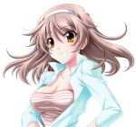  artist_request blazer breasts brown_hair character_request cleavage female hairband hands_on_hips headband highres koshimizu_takayuki large_breasts memories_off memories_off_6 open_clothes open_shirt pink_hair shirt simple_background smile solo source_request striped_shirt taut_shirt toomine_ririsu yellow_eyes 
