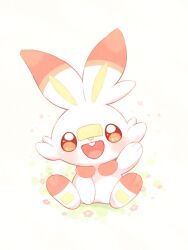  :d appyon_(archangel_ayp) blush brown_eyes buck_teeth commentary full_body hand_up happy highres looking_at_viewer no_humans open_mouth pokemon pokemon_(creature) scorbunny simple_background sitting smile solo teeth white_background 