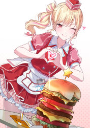  1girl ;) absurdres blonde_hair burger collared_dress commentary cowboy_shot dress food frilled_dress frills hair_bun hands_up hat heart heart_hands heart_in_heart_hands highres long_hair looking_at_viewer mini_hat multicolored_hair one_eye_closed one_side_up pink_eyes pink_hair project_sekai puffy_short_sleeves puffy_sleeves red_dress red_hat short_sleeves sidelocks single_side_bun smile solo standing star_(symbol) symbol-only_commentary table tenma_saki timmoo twintails waitress white_background 