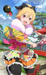  1girl alternate_costume black_bow black_pantyhose blonde_hair blush bow cherry_blossoms fang felt_(re:zero) floral_print frilled_skirt frilled_sleeves frills fur_trim hagoita hair_bow hane_(hanetsuki) hanetsuki highres holding holding_toy layered_skirt long_sleeves official_art open_mouth outdoors paddle pantyhose ponytail re:zero_kara_hajimeru_isekai_seikatsu re:zero_kara_hajimeru_isekai_seikatsu:_lost_in_memories red_umbrella skirt smile solo toy tree umbrella wide_sleeves 