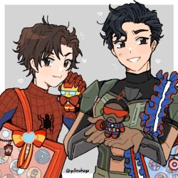  2boys captain_america captain_america's_shield hearts highres iron_man joaquin_torres marvel_cinematic_universe merchandise peter_parker plush_toy ribbons sam_wilson spider-man tony_stark 