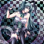  achikoako adjusting_hair animal_ears aqua_eyes aqua_hair arm_support bad_id bowtie breasts bunny_ears checkered checkered_background cleavage collar corset frills hatsune_miku lace lips long_hair sitting solo thigh-highs thighhighs very_long_hair vocaloid wristband 
