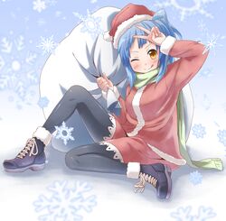  :p :q ankle_boots black_legwear black_thighhighs blue_hair blush christmas hat kirigaya_yuuji legs looking_at_viewer original pantyhose sack santa_costume santa_hat scarf shoes snowflakes solo thigh-highs thighhighs tongue v wink yellow_eyes 